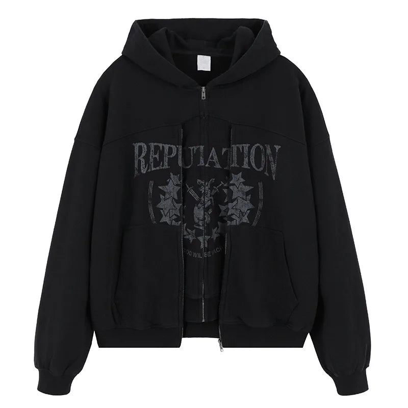 Double zipper hooded cardigan jacket
