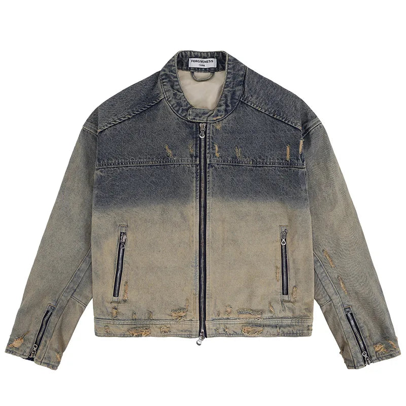 Collarless wash denim motorcycle jacket